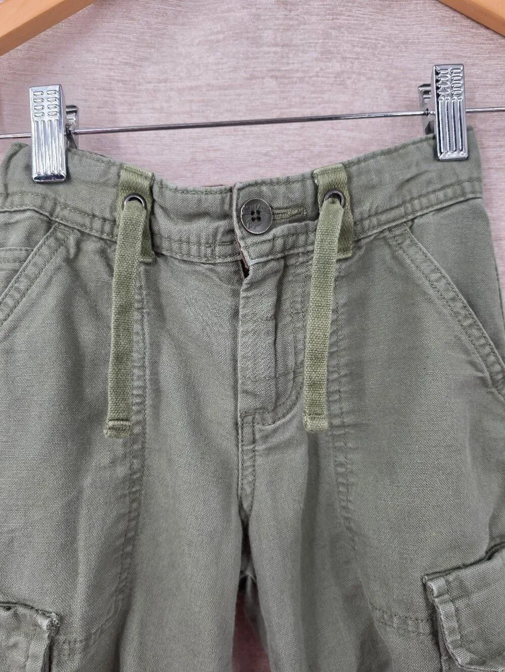 Y2K Linen Cotton Boys Olive Green Cargo Pants Drawstring Waist Roll Tab Ankle